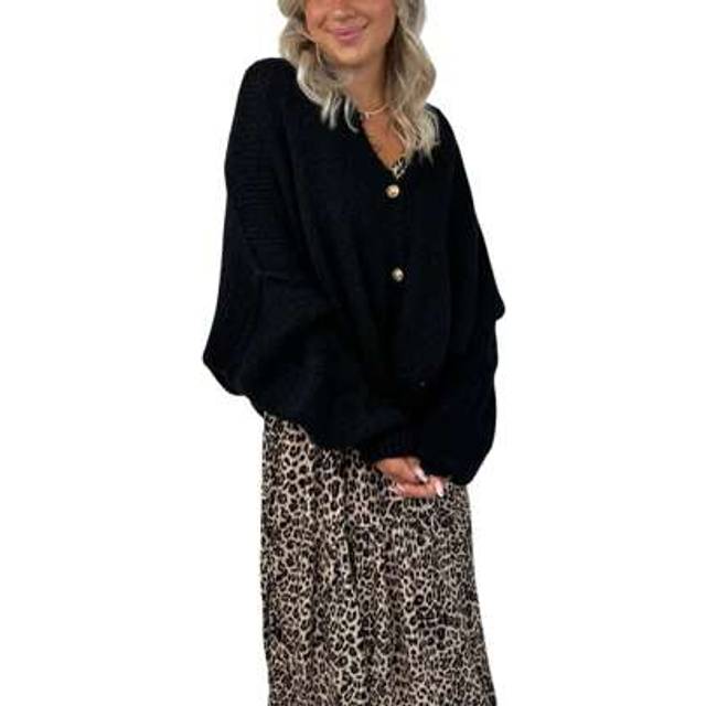 SHEIN Women&#39;s Knit Cardigan Fashion Long Lantern Sleeve Stand Collar Button Down Loose Sweater Outwear