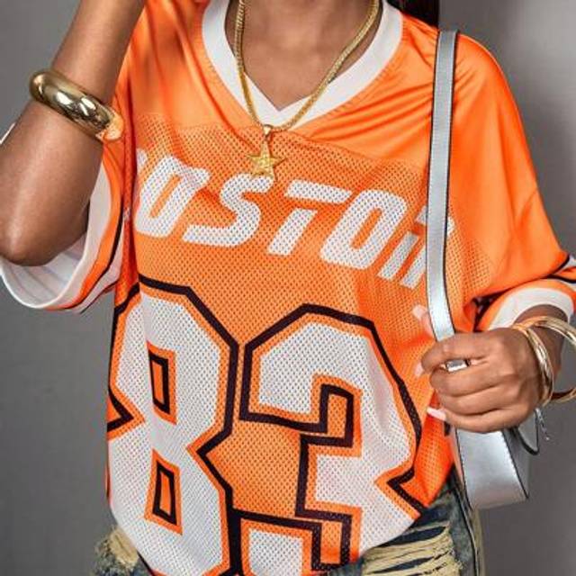 SHEIN Teen Girls Oversized Sports Casual Tee, Numeric & Letter Print V-Neck Short Sleeve, Orange
