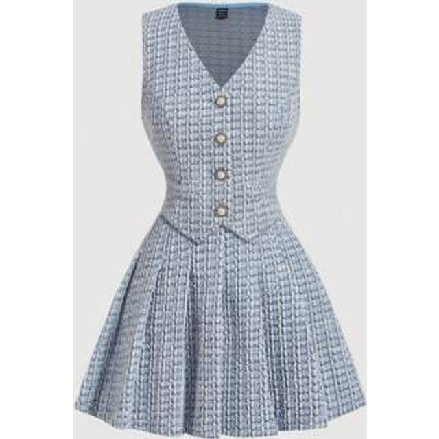 SHEIN 2 Pieces Women Set: Metal Buckle Vest & Midi Skirt,Ladies Elegant Suit Set, Trim Women&#39;s Suit Set, Blazer Jacket And Skirt,Old Money Style