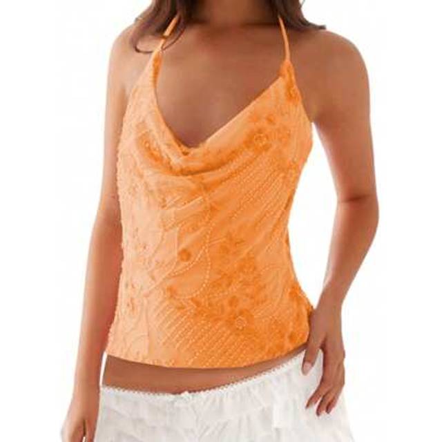 SHEIN Women Sequin Beaded Top Sparkly Cowl Neck Cami Tank Rhinestone Embellished Y2k Tops Cross Tie Backless Camisole