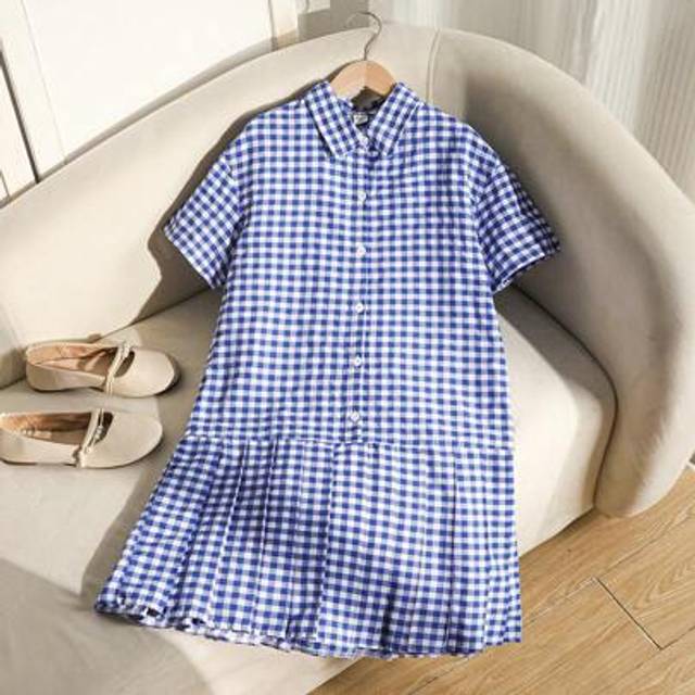 SHEIN Tween Girls&#39; Plaid Print Short Sleeve Single-Breasted Pleated Hem Shirt Dress, Summer