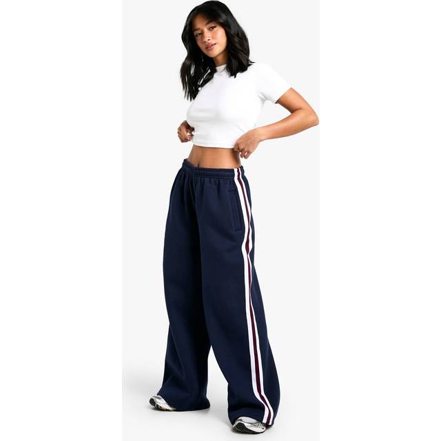 Womens Petite Side Stripe Tape Wide Leg Joggers - Navy - XS