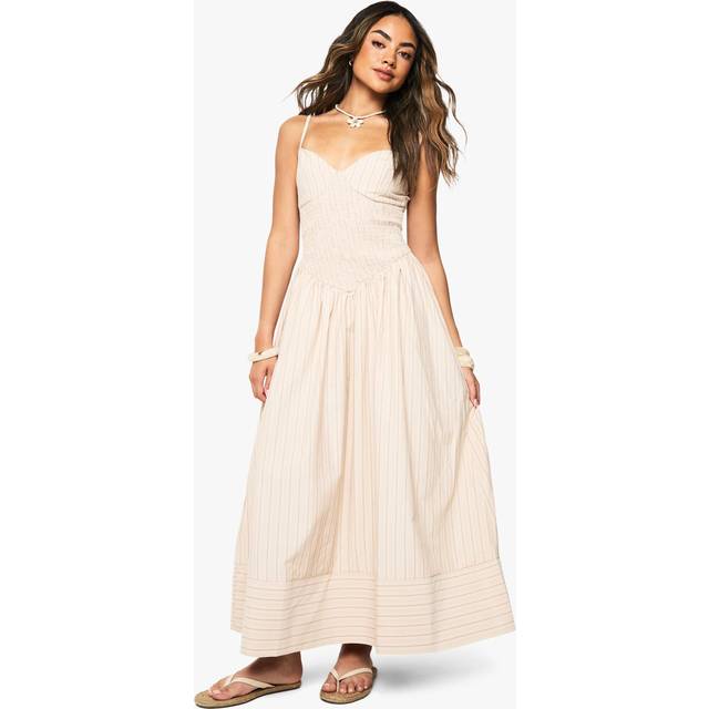 Womens Stripe Shirred Waist Detail Smock Maxi Dress - Beige - 8, Beige