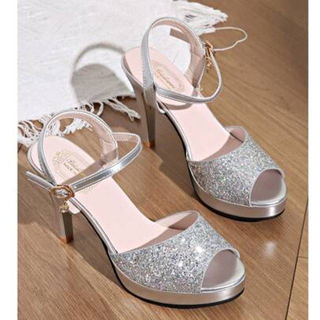 SHEIN Plus Size Women&#39;s High Heel Sandals, Fashionable Thin Heel Glitter Platform Dress Shoes, Fairy Style Crystal Embellish Ladies Sandals