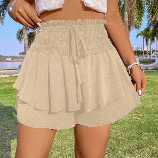 Flirla Plus Size Shorts With Shirred Waist & Double Layer Hem