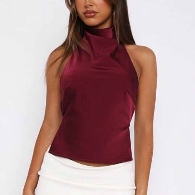 SHEIN Women Acute Halter Neck Satin Sleeveless Backless Solid Color Slim Fit Summer Tank Crop Tops Teen Girls Going Out Tops Aesthetic Clothes Club Streetwe