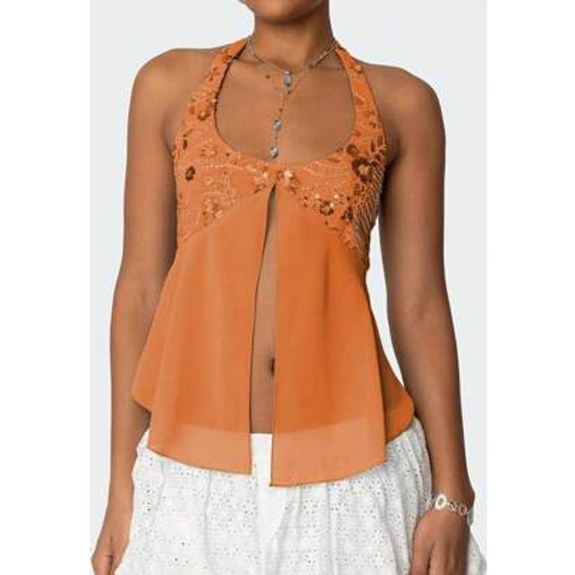 SHEIN Women Y2K Sequin Halter Crop Top Sexy Sleeveless Backless Tie Up Cami Front Split Hem Tank Tops Open Back Slim Fit Coquette Tops