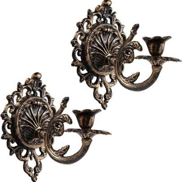 SHEIN 1/2 Pieces Antique Style Wrought Iron Candlestick Wall Sconce, Bronze And White, With Delicate Flower Pattern, Suitable For Garden And Yard/Home Decor