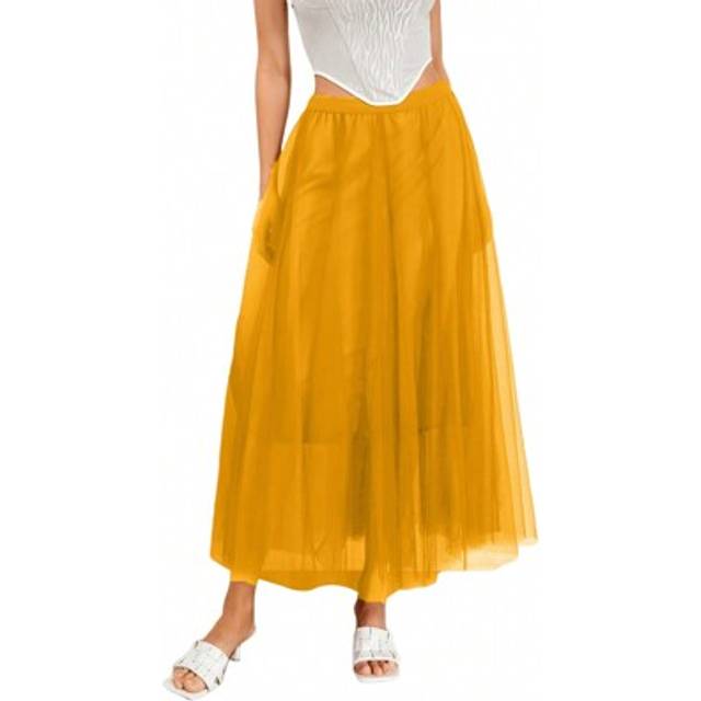 SHEIN Women&#39;s Long Tulle Skirts Elastic High Waist Mesh Flowy A-Line Party Midi Tutu Skirts