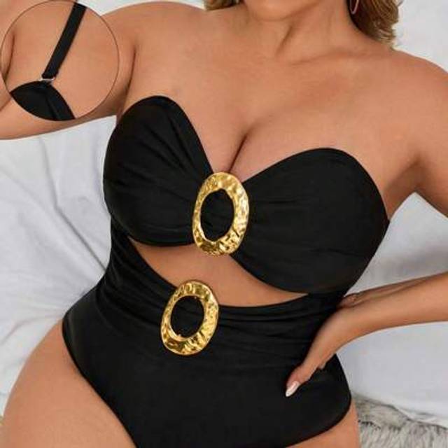 Slaydiva Plus Size Sexy Backless Cutout One-Piece Swimsuit, Metal Decor Adjustable Strap, Clubwear Style, For Summer Beach Vacation