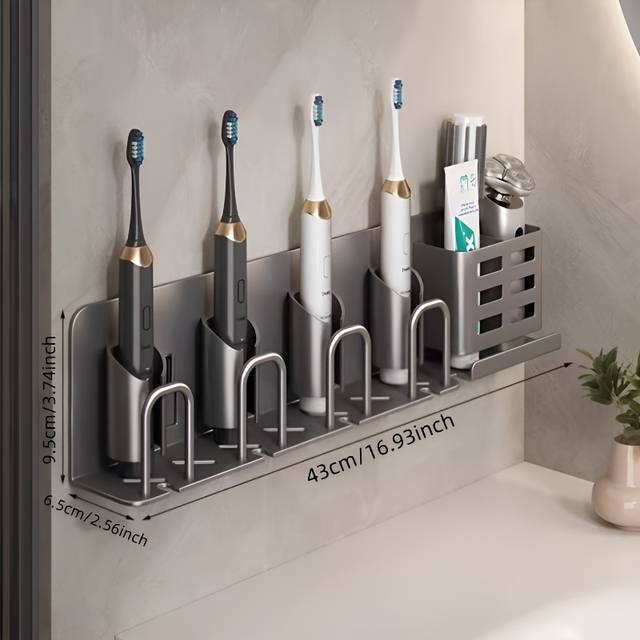 TEMU Wall-mounted Aluminum Toothbrush Holder | No-drill Installation | With Storage Slots & Cups | Space-saving Bathroom Organizer For Electric Toothbrushes And Razors |