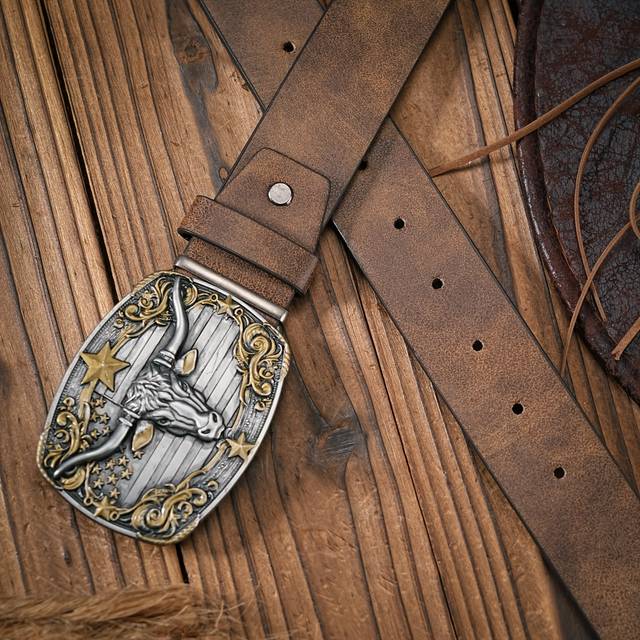TEMU Bh Boho-chic Western Cowboy Belt With Embossed Alloy - Leather