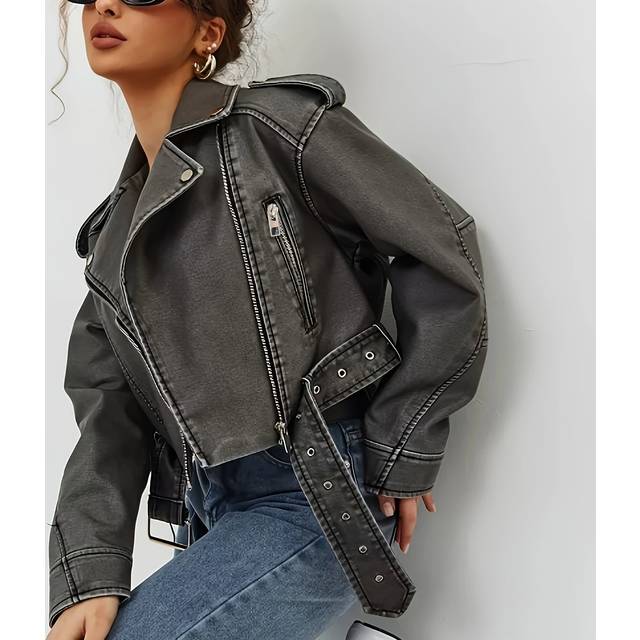 TEMU 1pc Aftf Basic Women' Lapel Long Sleeve Pu Leather Jacket, Versatile Motorcycle-inspired , Asymmetric Design, Machine Washable, Casual Wear