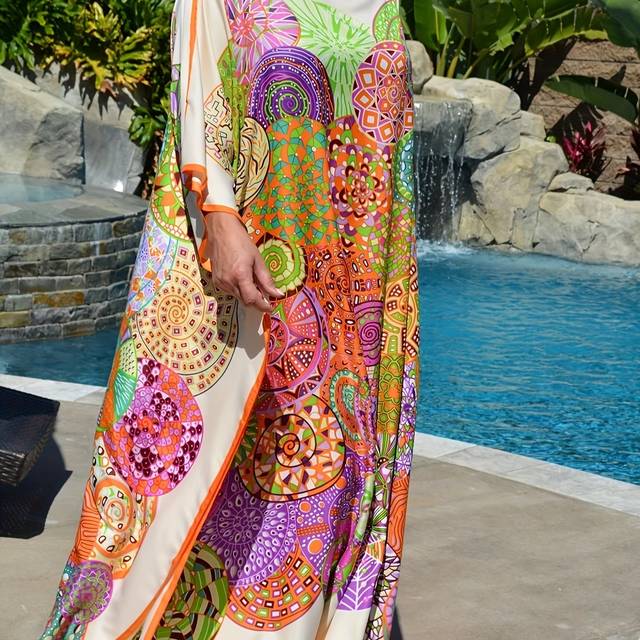 TEMU Women's Bohemian Ethnic Print Kaftan Dress - Vibrant Colorful Patterns, Lightweight Non-stretch Fabric, Side Slit Beach Cover Up & Bathing Suit Cover Dress, Machine Washable