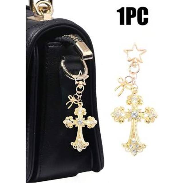 SHEIN Luxury Gold Cross Pendant Keychain,Featuring A Bow Tie And Sparkling Zirconia Inlaid Keychain, This Is The Best Item From Jesus, Religion, And Christi