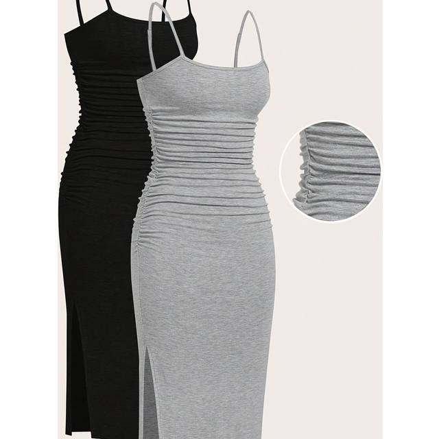 TEMU 2pcs Women's Summer Knit Bodycon Midi Dresses With Side Slit - Sleeveless Ruched Casual Dress For Casual Attire, Black & Gray