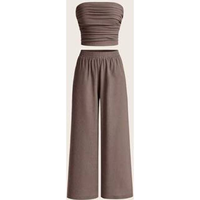 SHEIN 2pcs/Set Summer Casual Women&#39;s Brown Ruched Bandeau Top And Pants Set