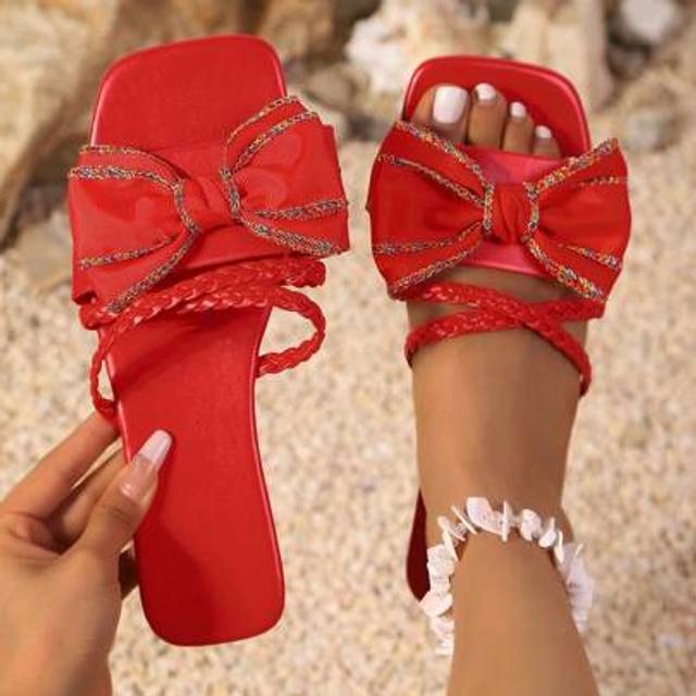 SHEIN 2025 New Summer Fashion Elegant Bowknot Slides For Women, Suitable For Party, Resort, Casual, Wedding, Office, Outdoor, Beach - Seasons: Spring, Summe