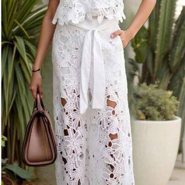 SHEIN (1piece)Women&#39;s Solid-Color Sexy Cut Out Large-Flower Embroidered Lace Up Wide-Leg Pants,Casual Long Pants, No Top
