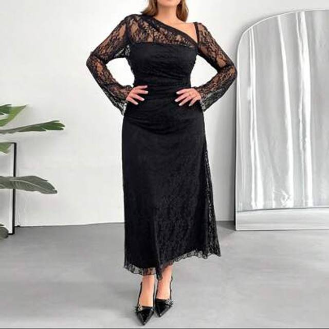 Auralis Plus Size Women Floral Lace Asymmetrical Neck Long Sleeve Pleated Elegant Dress