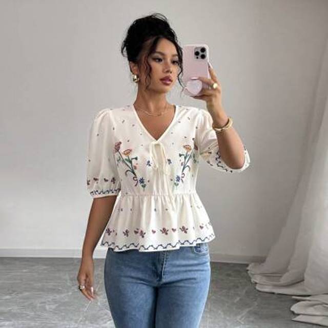 Chiquease French Elegant Romantic V-Neck Tie Floral Print Women Summer Blouse