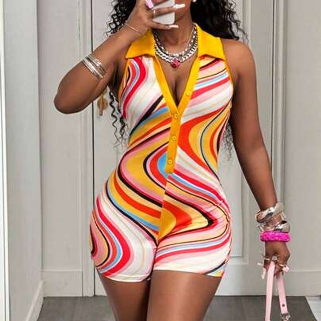 Slaydiva Colorful Striped Polo Collar Short Sleeve Knitted Jumpsuit Romper, Spring/Summer