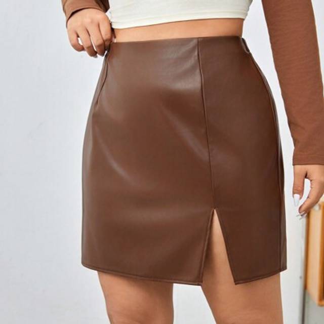 SHEIN Plus Size Woven Pu Leather Slit Hem Skirt For Women