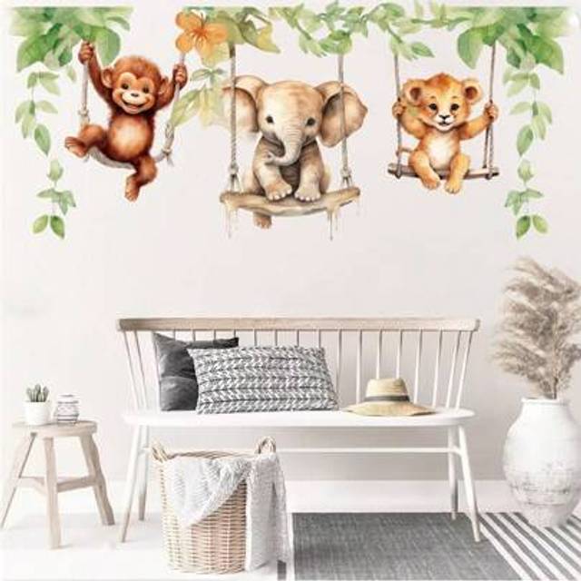SHEIN 1Set Cartoon Monkey Elephant Tiger Swing Leaves Wall Sticker Jungle Animal Forest Vine Tree Wall Decal Playroom Bedroom Mirror Wall Decor