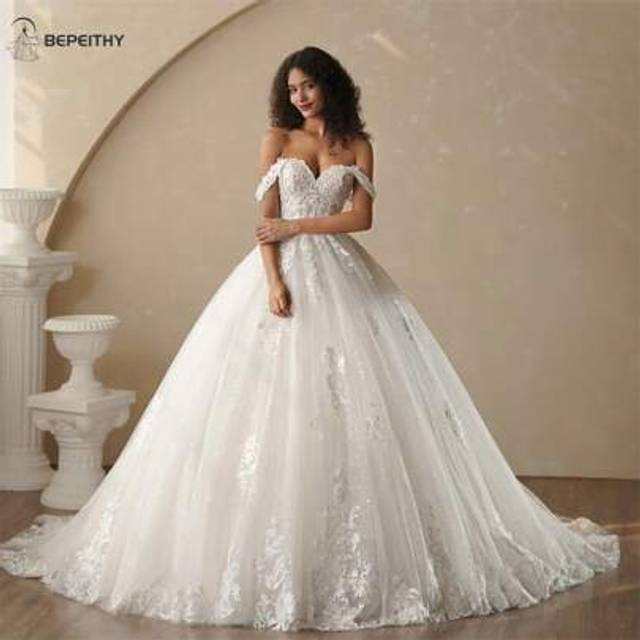 SHEIN Glitter Ball Gown Wedding Dress Off The Shoulder Shinny Lace Bridal Gown,Bride