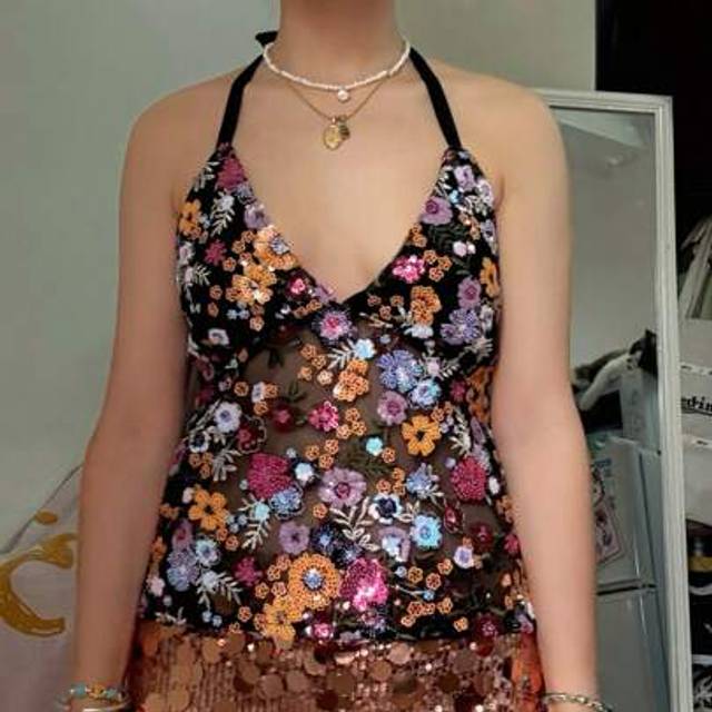SHEIN Women&#39;s Sequin Mesh Slim Crop Tank Top Halter Neck Sleeveless Sexy Y2K Vest For Aesthetic Streetwear