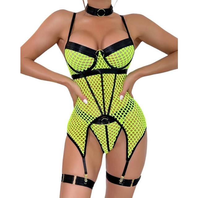 (L, Green) Women's Lingerie Sets Sexy Gothic Bodysuit with Thigh Garter Choker Underwear Babydolls No Stockings