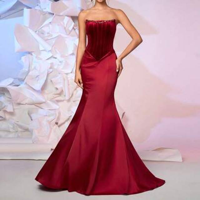 SHEIN Red Sparkly Diamond Chain Strapless Bodycon Dress, Suitable For Birthday Party, Wedding Ceremony, Elegant Sequin Velvet Formal Gown, Party Dress, Wedd