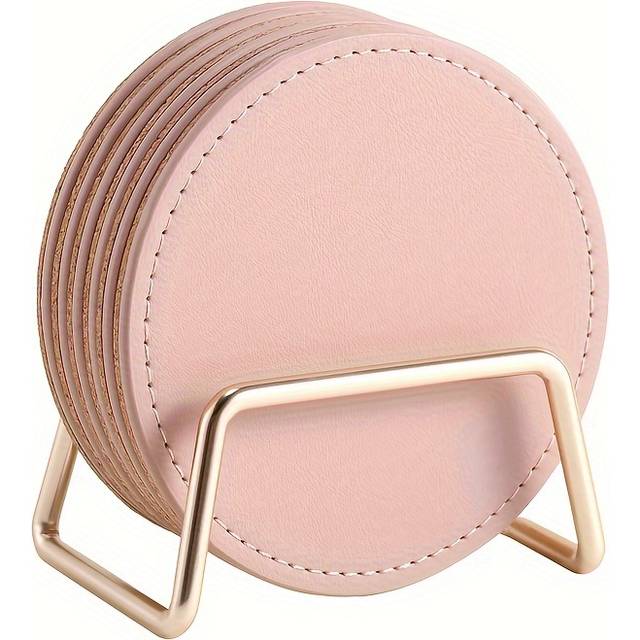 TEMU 6 Leather Coasters With Metal Stand, Cork Base Coaster, Beverage Tea Cup Coffee Insulation Mat, Kitchen Table Leather Coaster, High Temperature Resistant Insulation Mat