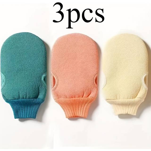 TEMU 3pcs Exfoliating Gloves - Green Polyester Bath Towel For , Dead Cell Removal & Spa Massage Aid - Gentle Full Body Scrub Tool With Ribbed Cuff For , Exfoliating Bath Gloves