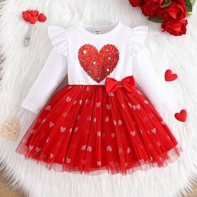 SHEIN Baby Girls Valentine&#39;s Day Cute Red Heart Print Long Sleeve Cap Sleeve A-Line Polka Dot Mesh Patchwork Dress, Suitable For Spring, Autumn, Outings, Ph