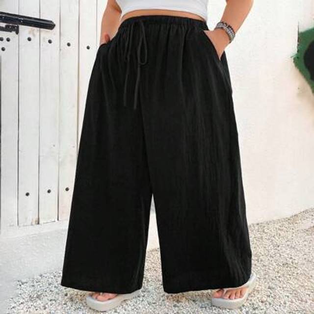 SHEIN Plus Size Women Summer Casual Loose Linen Blend Wide Leg Pants Boho Vacation