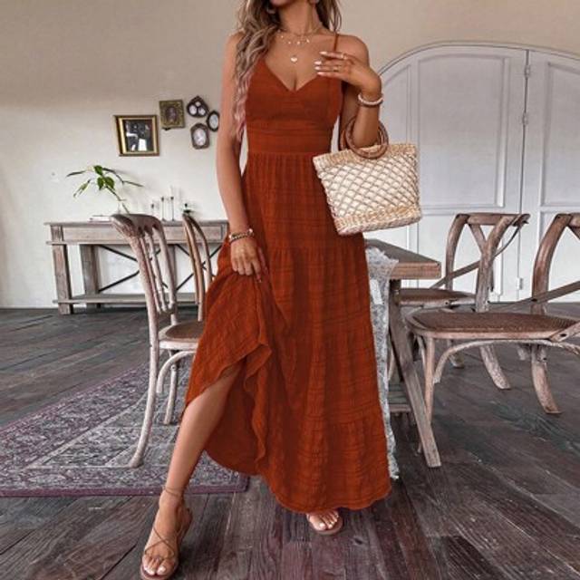 Calvaya Rust Orange Maxi Dress For Women: Tie-Back Summer Dress