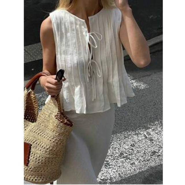 SHEIN Women&#39;s Summer Linen White Solid Color Boho Elegant Tee Pleated Half-Placket Tops Sleeveless Blouse, Suitable For Music Festivals, Concerts, Coachella