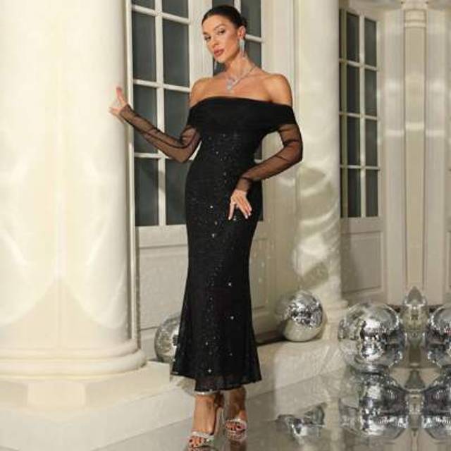 SHEIN Off The Shoulder Mesh Sleeves Back Lace Up Sequin Wedding Gown In Black, Bride