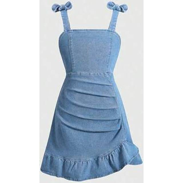 SHEIN Tween Girls Versatile Comfortable Fashion Street Casual Vacation Elastic Denim Dress, Lightweight Summer