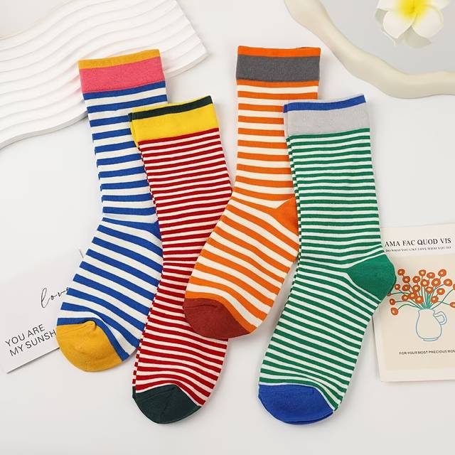 TEMU 4 Pairs Unisex Striped Socks - Japanese Retro Color-, Mid-calf Ribbed Texture, Warm For Casual & Formal Wear, Cute Socks