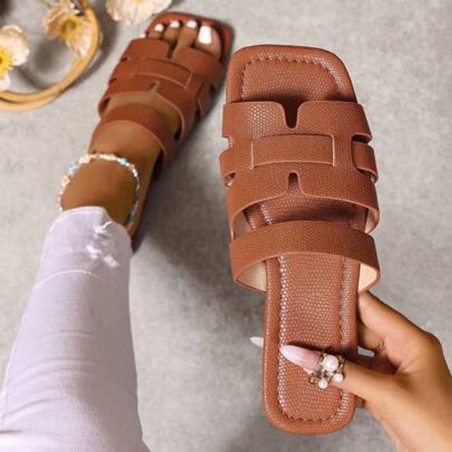 SHEIN Spring/Summer New H Design Slippers Women, Fashion Casual Strap Slip-On Slides, Outdoor Roman Flat Sandals, Black/Beige/Brown, Blogger Recommended Des
