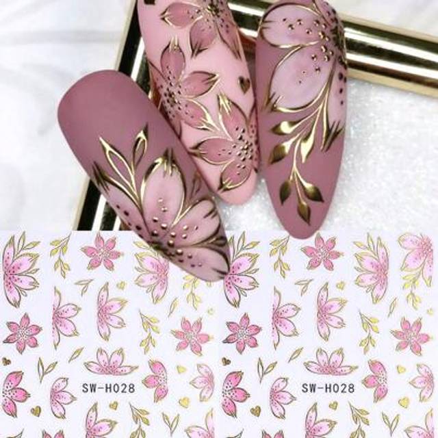 SHEIN Gold Pink Hibiscus Flower 3D Nail Stickers 2pcs Gradient Cherry Blossom Floral Petals Lines DIY Bronzing Holographic Self-Adhesive Decals Sliders Nail