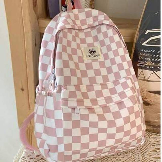 SHEIN 1 PC Teenagers&#39;s Fashion Versatile Two Color Checkered Pattern Nylon Rucksacks Waterproof Simplicity Schoolbags Large-Capacity Girl Boy Leisure Travel