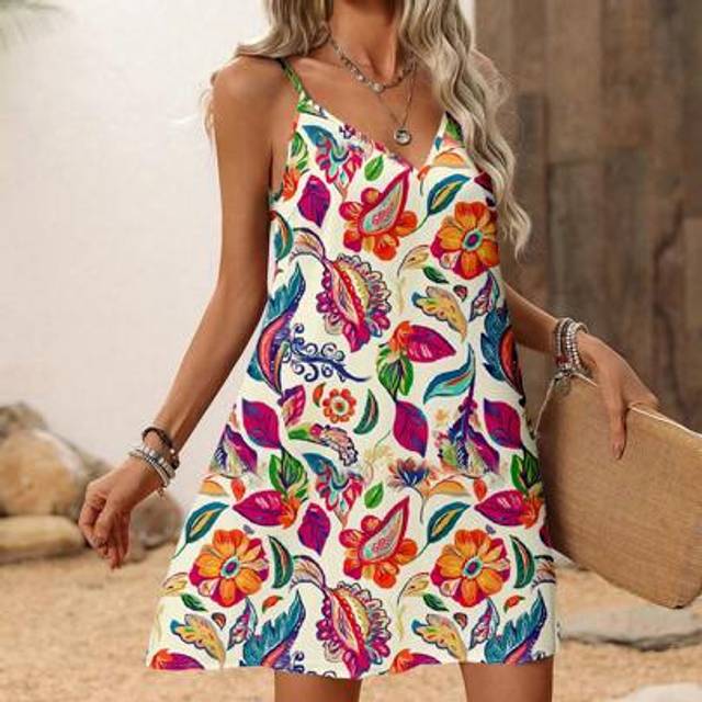 SHEIN Women&#39;s Casual Retro Print Mini Dress, Suitable For Spring/Summer Vacation Vacation Dress Beach Wear,Boho Clothes Women