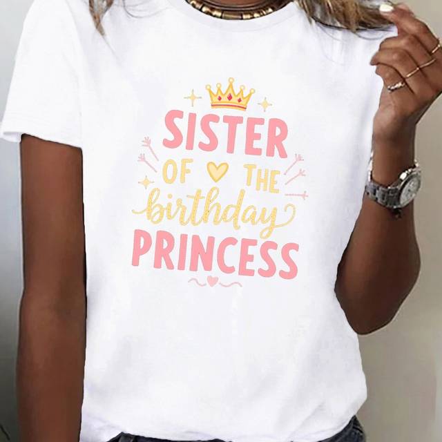 TEMU Sister Of The Birthday Princess T-shirt – Green Casual Crew Neck Short Sleeve Top For Women, Spandex/polyester Blend, Spring & , Casual Summer Top | Graphic Tee | Stretchy Fabric Tee