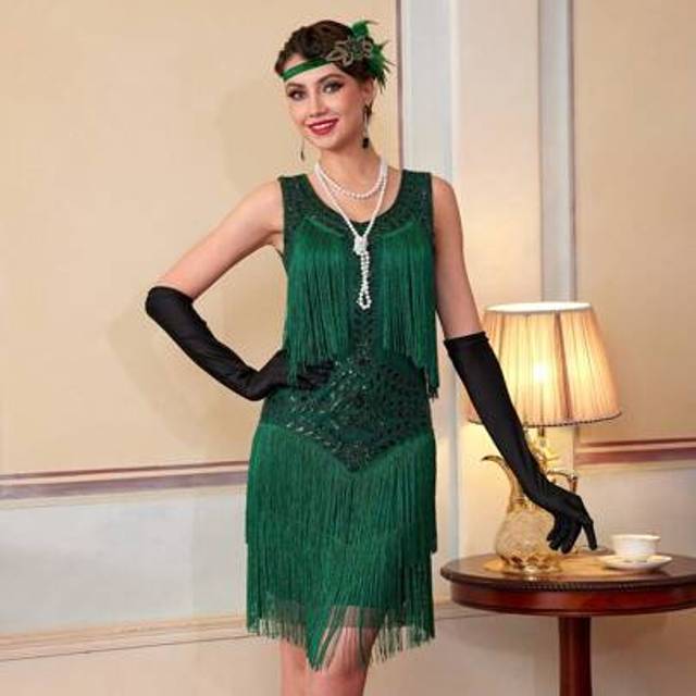 SHEIN 1920s Sleeveless Flapper Dresses Scoop Neck Great Gatsby Dresses Fringed Sequin Roaring 20s Dress Cocktail Dress