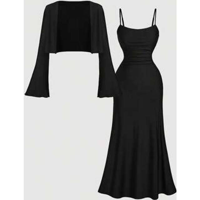 SHEIN Plus Size Black 2 Pieces Cardigan And Midi Dress Set For WomenSummer Outfits For Women