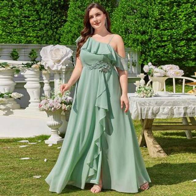 SHEIN Plus Size Chiffon Minimalist Sexy One-Shoulder Fitted Party Wedding Dress,Gown,Formal,Evening,Wedding Guest