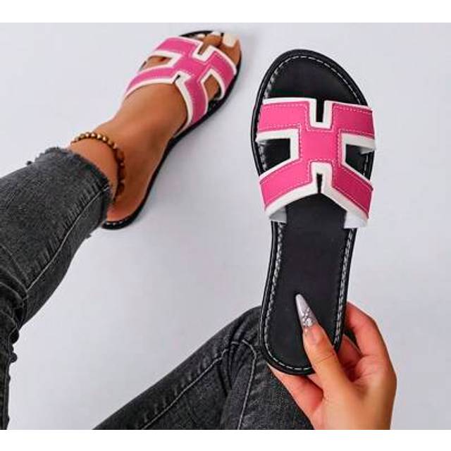 SHEIN Women&#39;s Flat Sandals Black & White H-Strap Slippers, Spring/Summer New Beach Sandals Party, Birthday Gift Shoes, Flat Low Heel Open Toe Color Block Sl